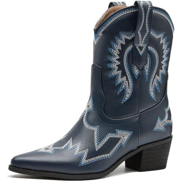 Cowboy Boots for Women Embroidered Metallic Ankle Western Cowgirl Boots Pointed - Picture 1 of 7